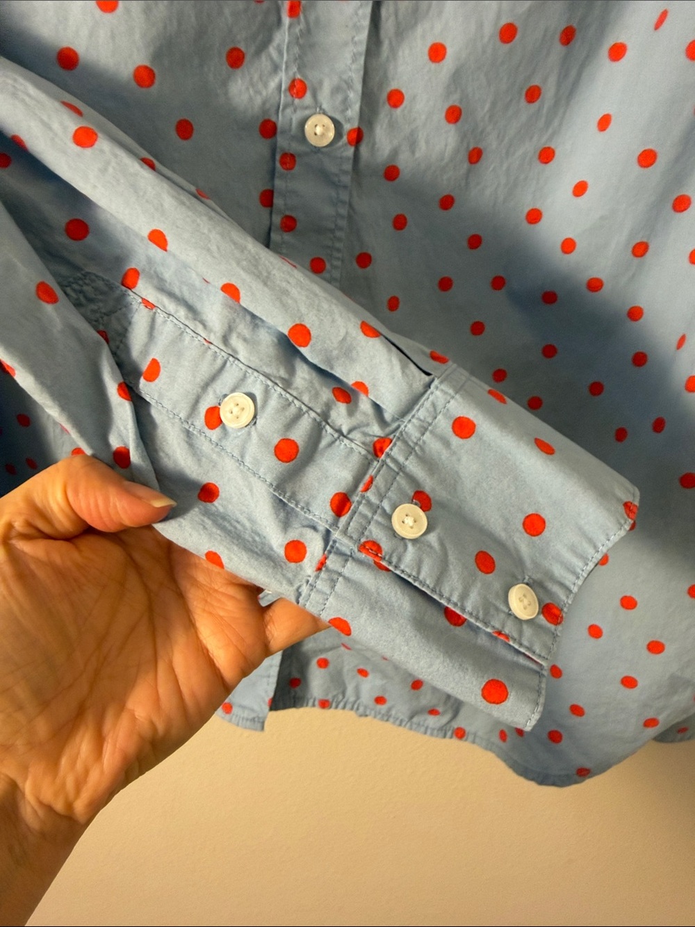 Boden Sienna Polka Dot Button Down Collared Top Shirt Light Blue Red Size 10R - Picture 8 of 12